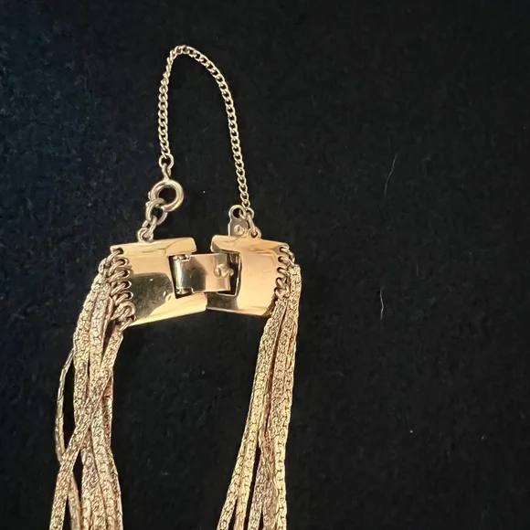 VINTAGE MONET 70s Multi 7 Strand Gold Toned Bracelet 6.5" with Safety Chain - Picture 3 of 11